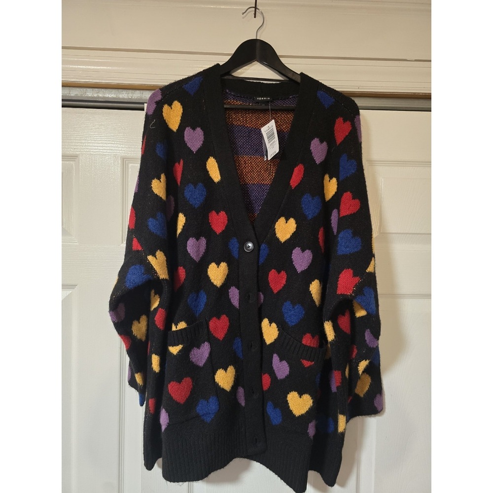 Torrid 1-2 NEW Oversized Boyfriend Cardigan 1X-2X=14/20 Black Multi Heart Print